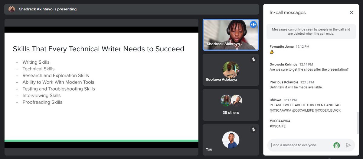 codeboss_'s tweet photo. Technical writing as a career and a form of contribution to open source organized by @oscaileife @oscaawka 
@coder_blvck dropping gems! @oscafrica https://t.co/86OJ7FyOHp
