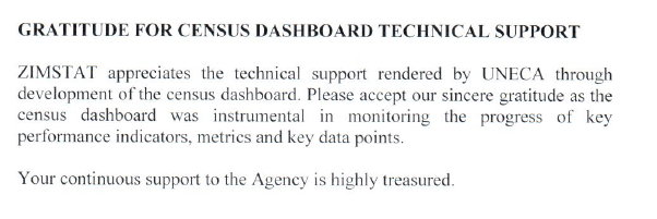 ECAStats's tweet photo. Letter of gratitude from Zimbabwe @zimstat: We appreciate the technical support by @ECA_OFFICIAL through the development of the census dashboard to lively monitor progress in field data collection.
In fact we are support +15 countries participating in the #2020RPHC #Ecensus https://t.co/AcbVvHvevh