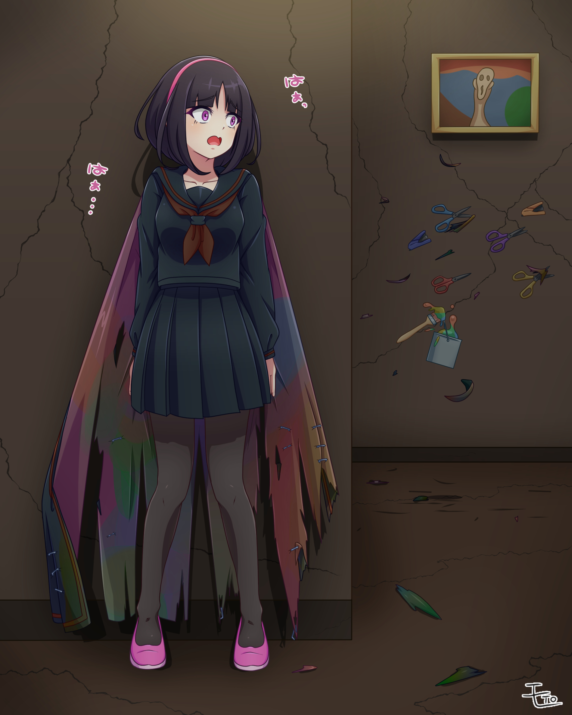 ｔｏモアイ マント ヒロピン垂れ流しイラスト創作垢 年末の階段でマント切り刻まれちゃった奴の続き ハサミの他にもマントをペンキで塗られたりとホッチキスで留められたりと 怪奇現象に追い詰められていく花子さん 何とか撒くことは出来ましたがマントが