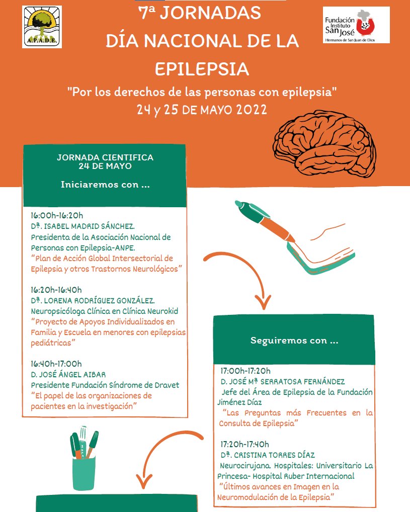 FundacionDravet's tweet photo. Junto a @AnpeEpilepsia y @BilblitanaLo, allí estaremos el 24 de mayo en estas jornadas organizadas por Apade y @FISJ_Madrid con motivo del #DíaNacionaldelaEpilepsia.
 
📅Martes 24 de mayo
💻Online
⏰De 16:00 a 18:30 horas
📲Inscripción en https://t.co/RZBjIb1XQS

¡Te esperamos! https://t.co/KG92QfxpvY
