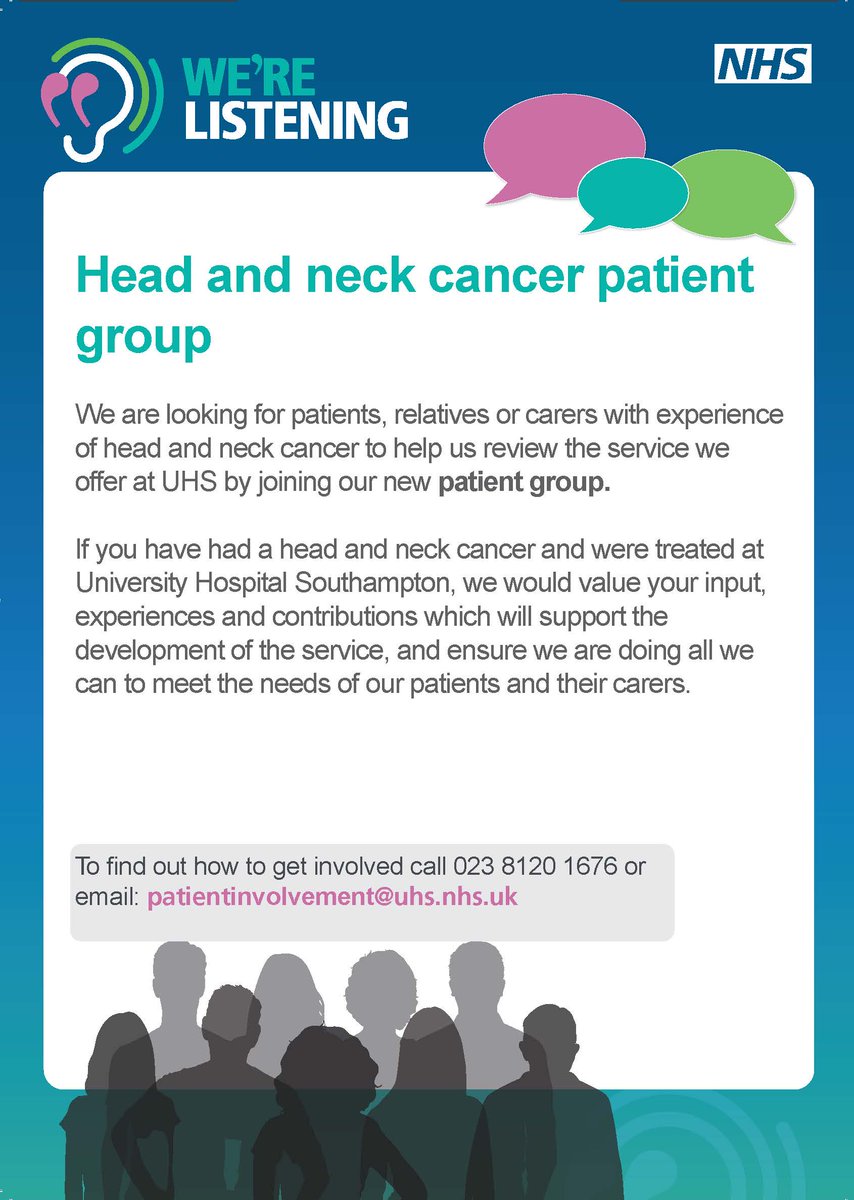 Our head and neck cancer team are setting up a new patient group to help review of the service. 

If you or a family member have experience of head or neck cancer and would like to share your feedback and experience please get in touch.