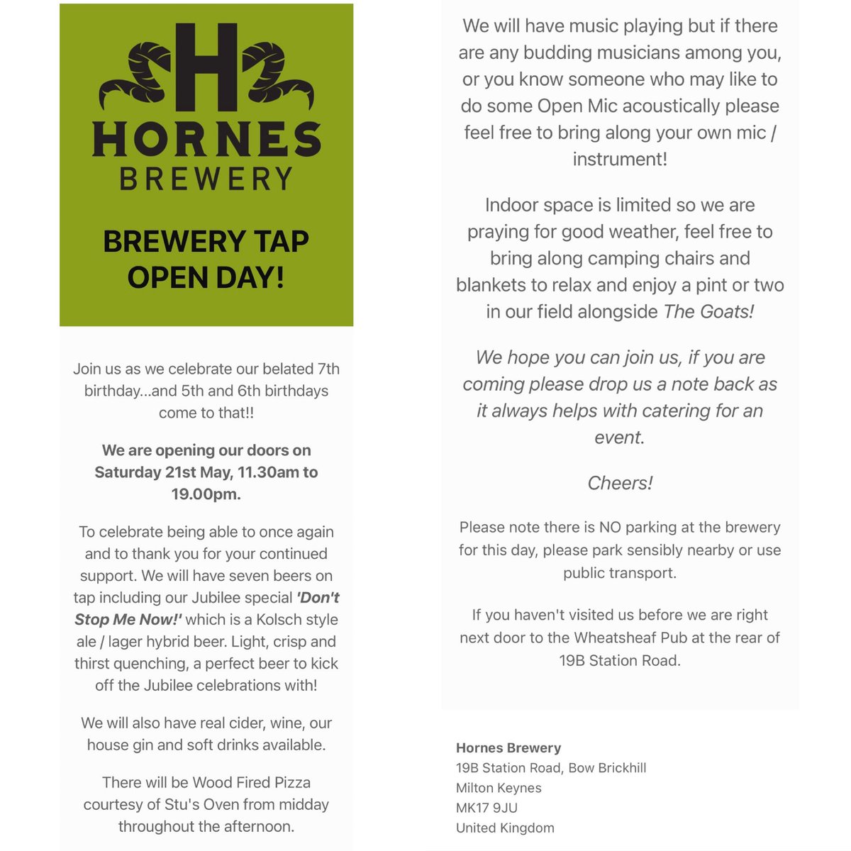 Brewery Tap Open Day at <a href="/HornesBrewery/">Hornes Brewery</a> tomorrow (Sat 21st May). Always keen to support local breweries (and drink beer! 😁) and me/Mrs Decrepit will be there.

Besides, how can anyone resist the temptation to drink beer and eat pizza alongside goats? 🤷🏻‍♂️