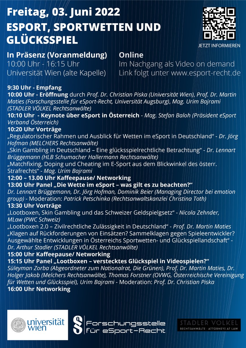 eSport_Recht's tweet photo. Am 03. Juni um 10 Uhr ist es wieder soweit! Das nächste Event der zum eSport-Recht. Gemeinsam mit der Universität Wien und STADLER VÖLKEL Rechtsanwälte veranstalten wir ein Symposium zum eSport, Sportwetten und Glücksspiel an der Uni Wien. https://t.co/nafrxL5mXG