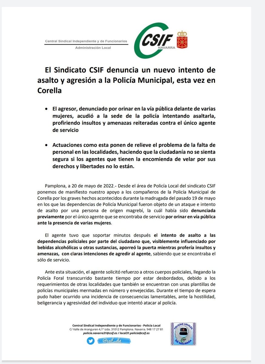 csif_de's tweet photo. Un único agente por turno. Se incumple el acuerdo que establece el servicio mínimo de dos agentes. Desde marzo un agente patrulla en solitario por Corella. No vendan humo,no lo compramos. https://t.co/z7ss3VdvUG