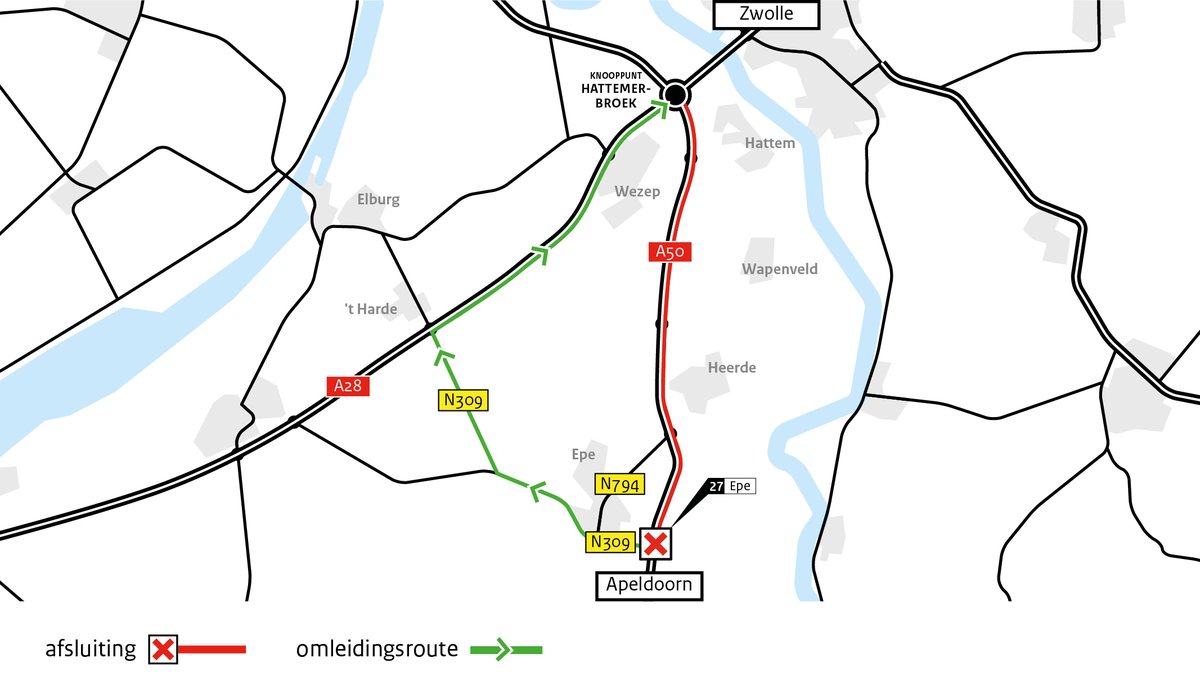 Onderhoudswerkzaamheden op de #A50 tussen <a href="/GemeenteEpe/">Gemeente Epe</a>  en @gem_Heerde. A50 is 14 nachten dicht in de richting van Zwolle tussen #Epe en #knooppunt Hattemerbroek in de periode van 31 mei tot 21 juni. 🚗🚧🚧Meer informatie bit.ly/3wukBmr