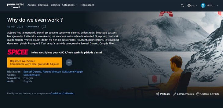 Vous avez manqué notre dernier Independent Day et le visionnage du documentaire de <a href="/Samjohd/">Samuel Durand</a> “Why do we even work ?” 
Pas d’inquiétude, il est désormais disponible sur <a href="/PrimeVideoFR/">Prime Video France</a> via <a href="/spiceemedia/">Spicee</a> ! Bon visionnage ! 
(By the way : le prochain Independent Day c'est le 24 mai !)😉