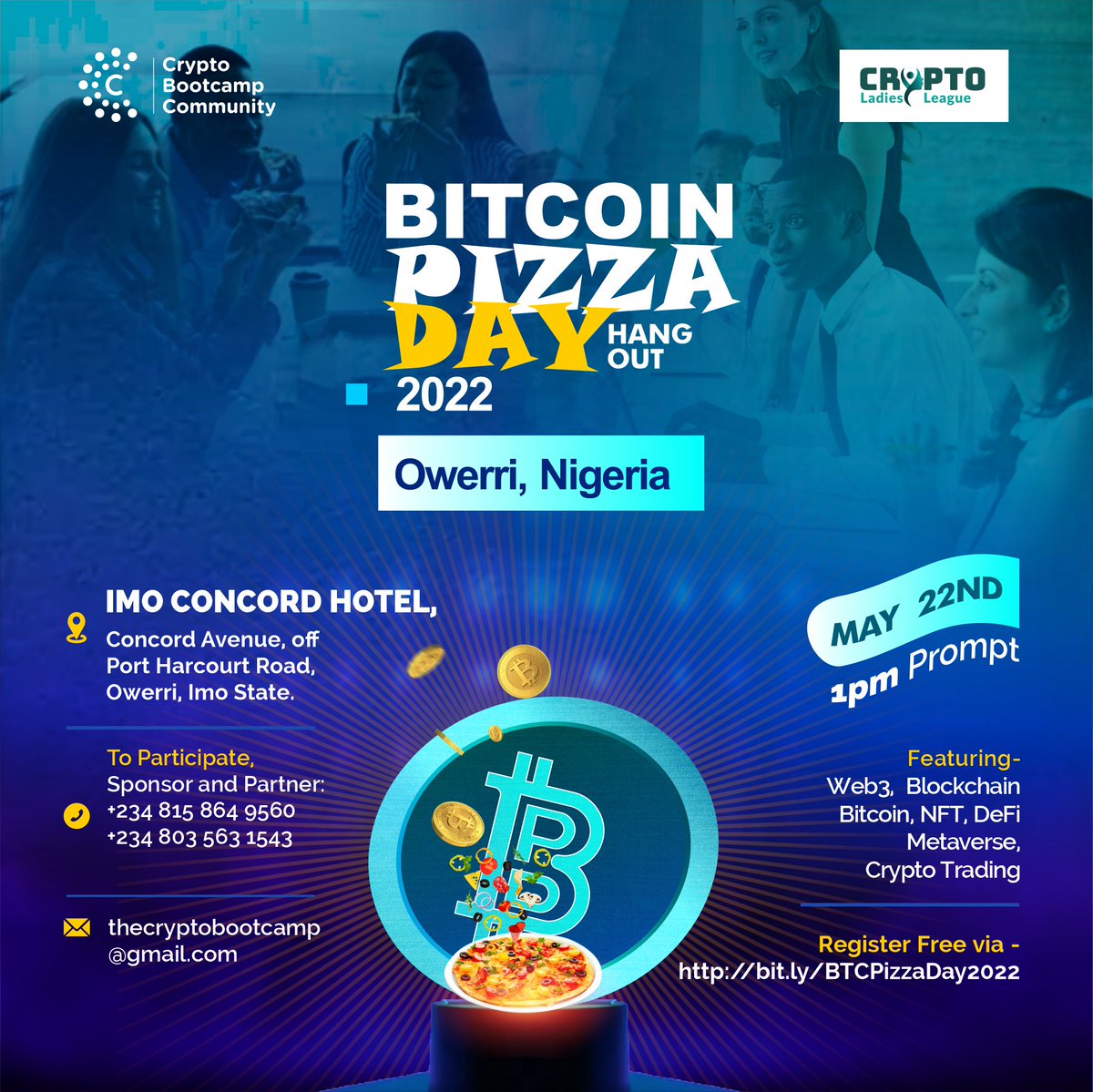 OnyeokoroAfoma's tweet photo. Owerri are we ready?
It's going to be massive.
#BitcoinPizzaDay
#Blockchainladies
#Bitcoin https://t.co/6VYRtejnx4