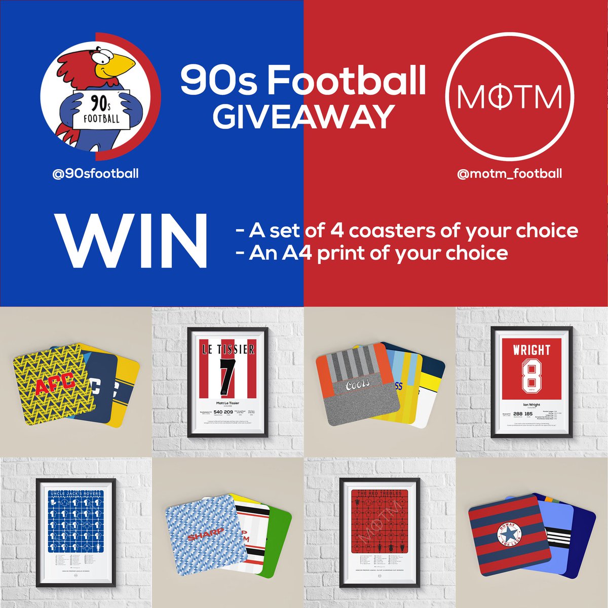 Competition 🎉 We've teamed up with <a href="/motm_football/">MOTM Football</a> to give away a set of 4 coasters and an A4 print of your choice!

To enter:
➡️ Retweet this tweet
➡️ Follow <a href="/motm_football/">MOTM Football</a> 

Good luck!