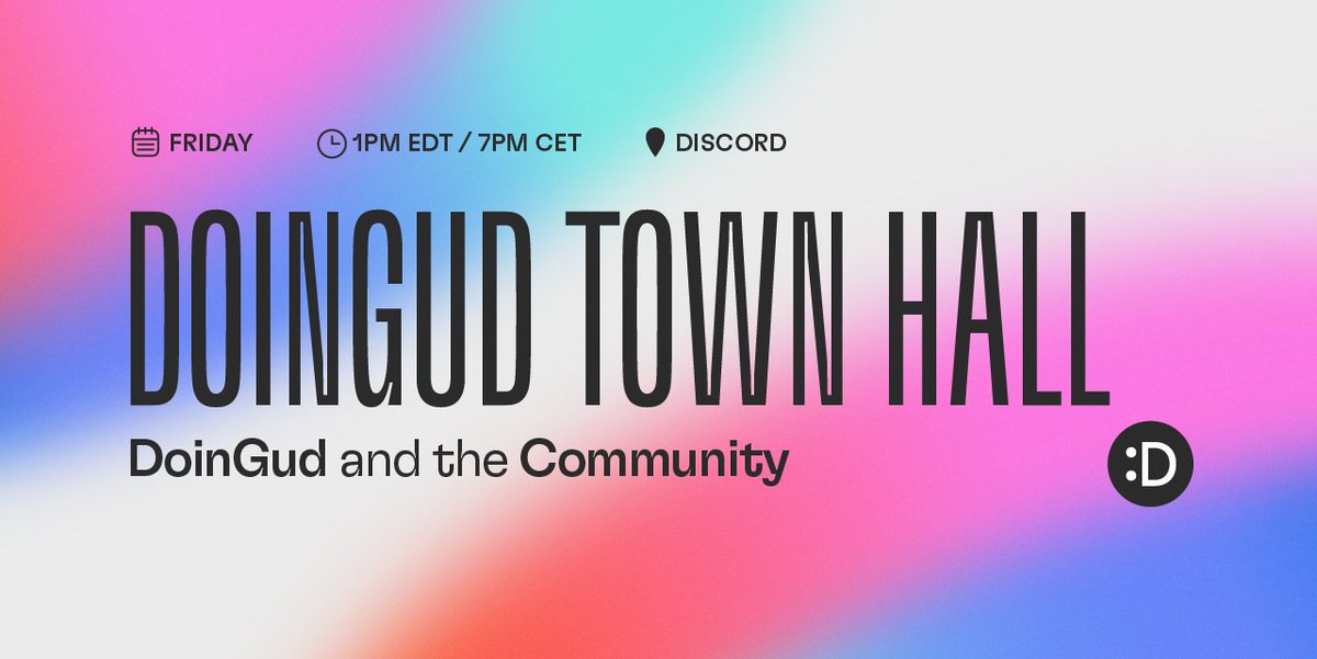 DoinGudHQ's tweet photo. Set your reminder for today's DoinGud Town Hall.🏛
We'll be hosting an open discussion for all drop-in attendees to discuss all things DoinGud and Community. 😇
Lets #StartDoinGud⚡️
⏳Friday, May 20, 2022 at 1pm EDT / 7pm CET
📍https://t.co/Xyp2L5QL3B https://t.co/fW7DTsZuun