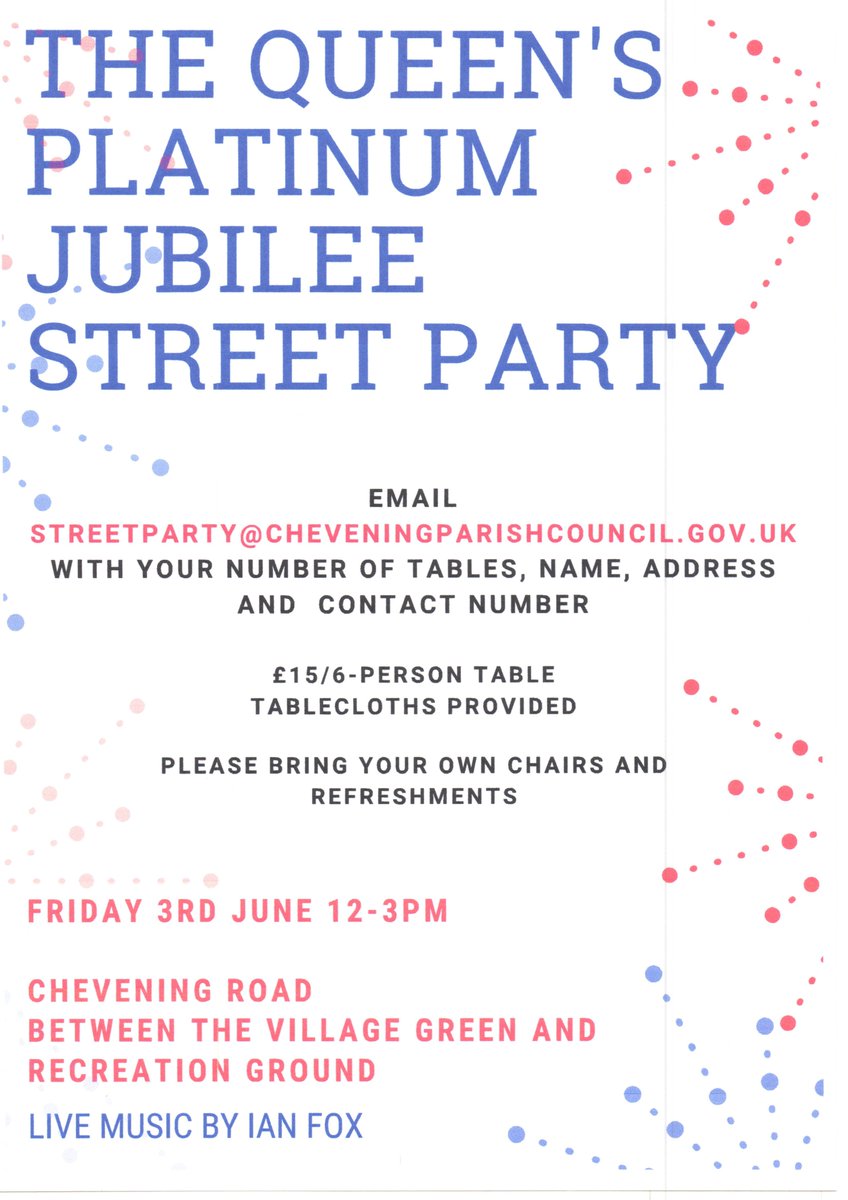 2 weeks to go and the last few tables remaining.......  book your table now at streetparty@cheveningparishcouncil.gov.uk