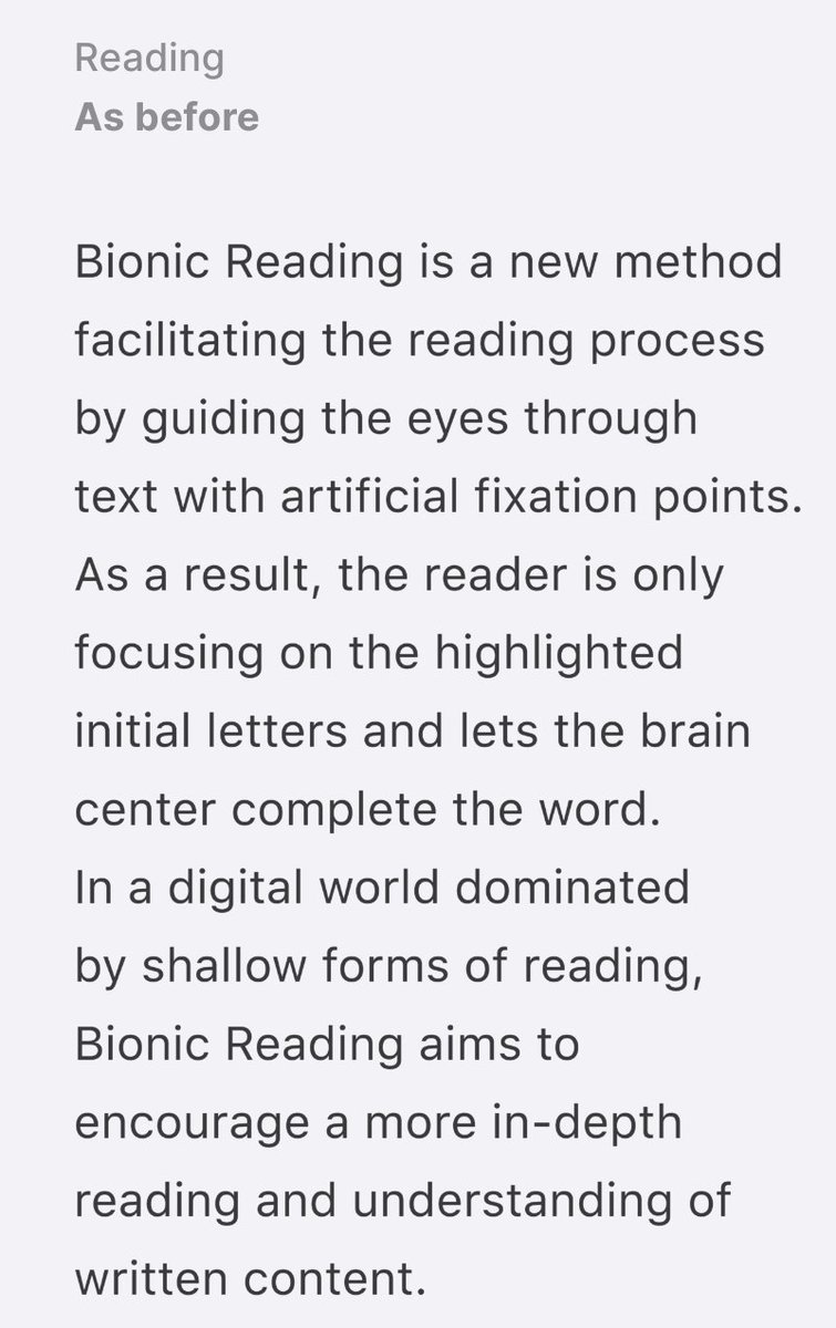 A new type of typeface might be beneficial to neurodivergent readers! 🤯

It's called bionic reading — the first few letters are bolded, making it easier for readers to glide through text and stay focused.

(links in reply)