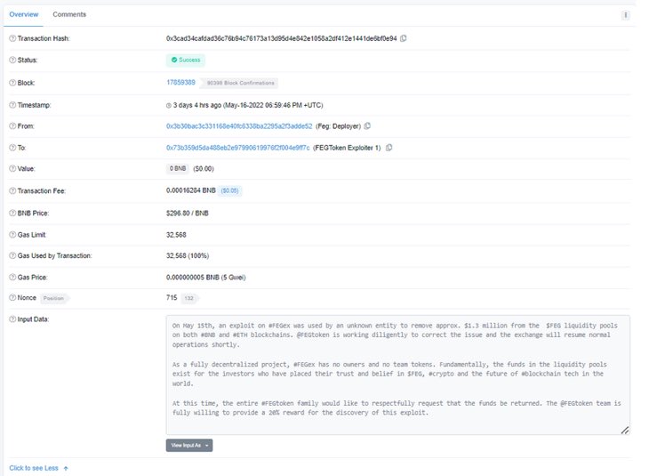 🚨URGENT 🚨

Message to the Exploiter(s) of <a href="/FEGtoken/">FEG (Feed Every Gorilla)</a>: return liquidity to the FEG deployer wallet ! 

Keep 20% and we will label you as a "white hacker" no questions asked !

#DoTheRightThing #FEG