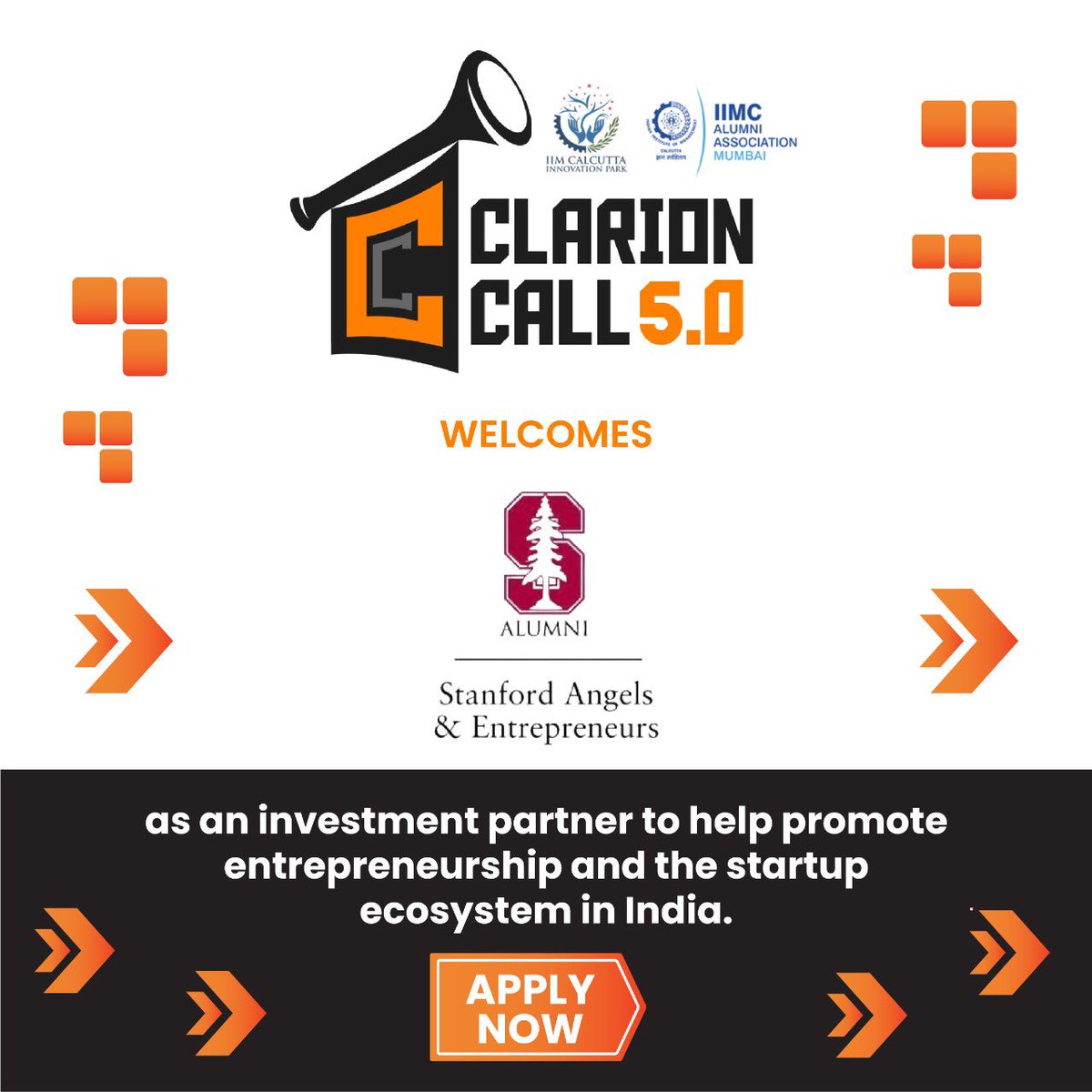 We are pleased to welcome <a href="/StanfordAandE/">Stanford A&E</a> as our investment partner for Clarion Call 5.0. Looking forward to funding great business ideas and together being accelerators in their growth!
.
Apply Now! bit.ly/Clarion-Call 
#ClarionCall5
