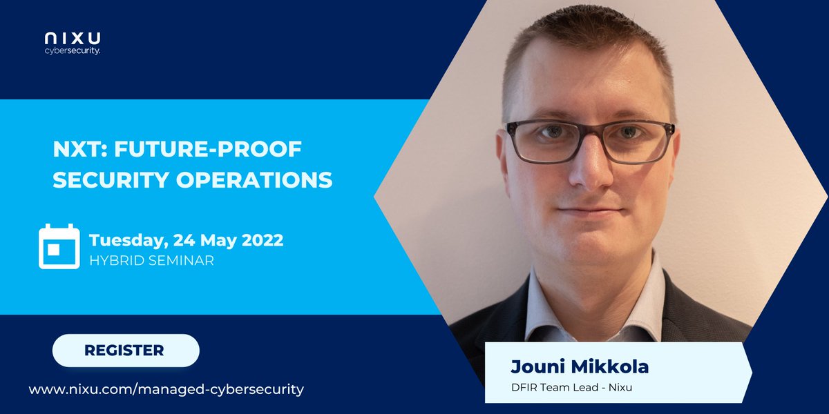 NixuCorporation's tweet photo. Have you already signed up for our hybrid seminar, Future-Proof Security Operationsโ Be prepared for high-quality speeches from some of the best cybersecurity specialists, including Jouni Mikkola, DFIR Team Lead of Nixu.โก#SecurityFusion
Sign up here: https://t.co/4wEtzHXQah https://t.co/GVkmQCpptL