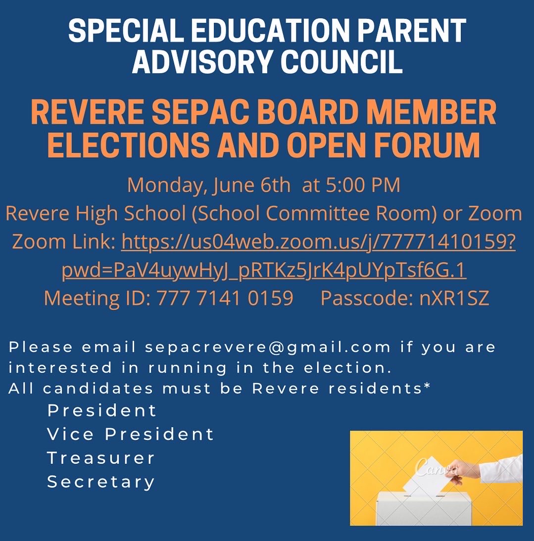 RPS_SpecialProg's tweet image. Revere SEPAC Board Member Elections. ⁦@RPS_Super⁩ ⁦@RevereAsstSuper⁩ ⁦@jrizzo327⁩ ⁦@RevereSEPAC⁩