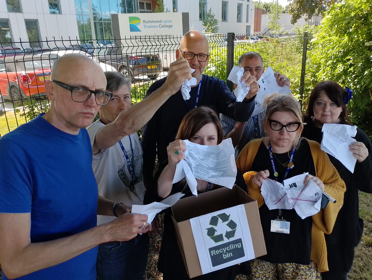 Richmond upon Thames College's rogue managers sent all 127 of their teaching staff letters threatening them with fire and rehire. Yesterday, our members threw the letters in the bin. From Monday, they are striking for five days to beat back fire and rehire ✊