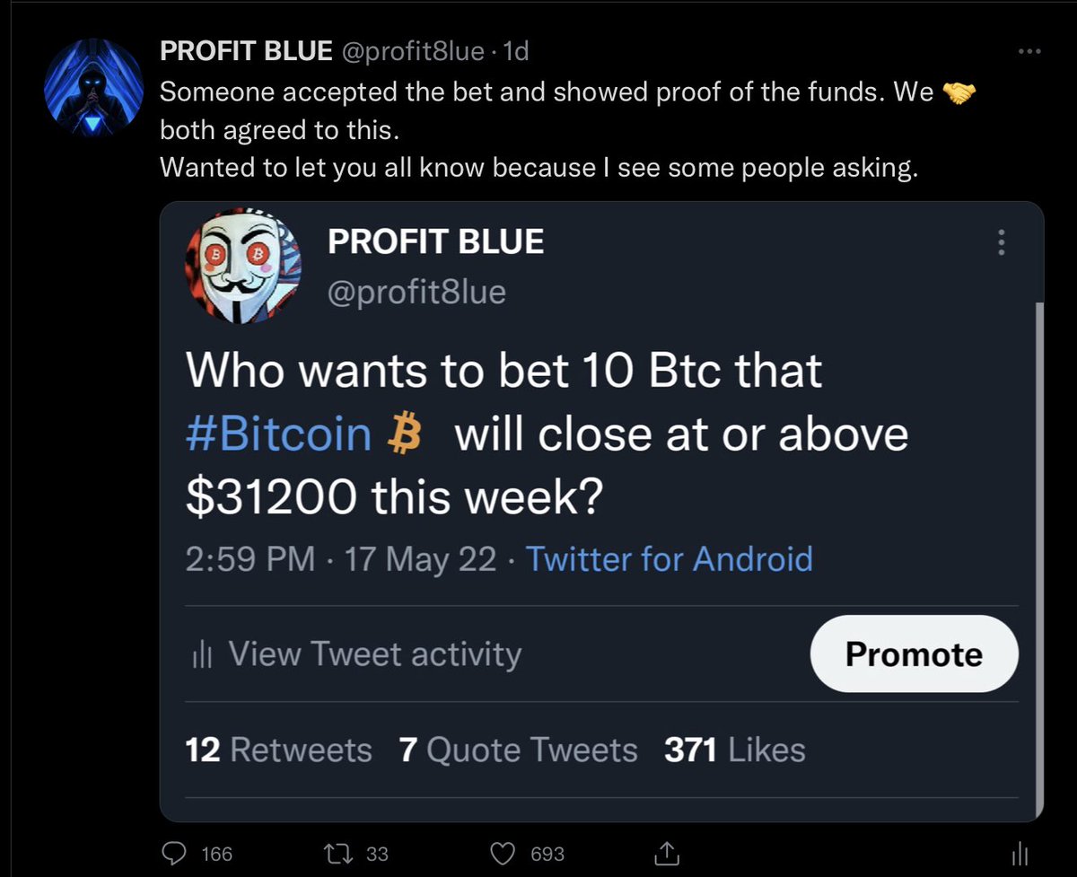 profit8lue's tweet photo. If I win this bet.. I’m already planning to trade the winnings and double it, give back the full 10 #Btc to who bet against me and giveaway 50% of the remaining to a few of my followers. 

This is a promise that I will keep https://t.co/9CCNMtKsGH