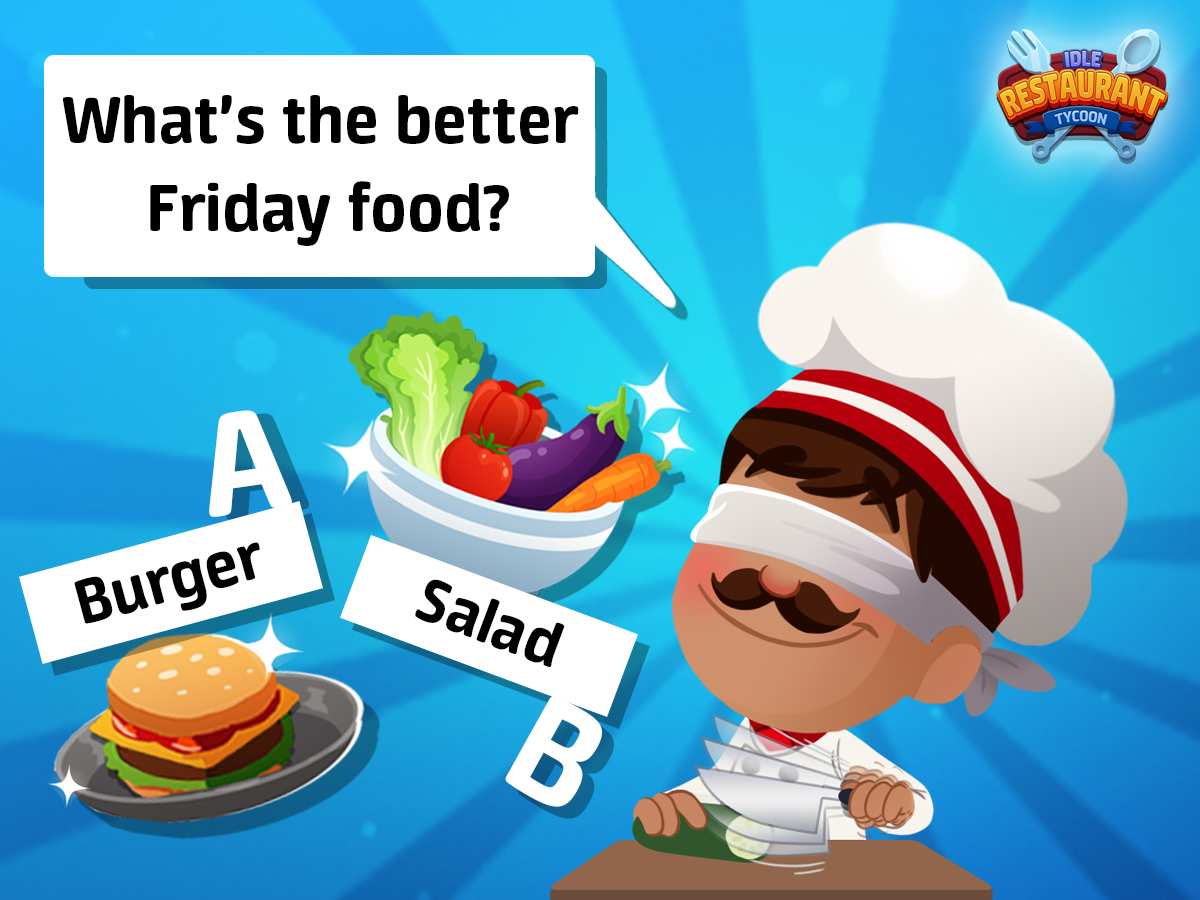 Idle_Restaurant's tweet photo. 😁 The "F" in Friday stands for food! But which tasty treat would you prefer? 🍔 Delicious burger or a refreshing salad, 🥗 the choice is yours! 😋

#IdleRestaurantTycoon #Burger #Salad #FridayFood #IdleGames https://t.co/aUFPHwhleR