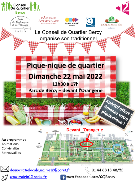 Mairie12Paris's tweet photo. Dimanche 22 mai, Rendez-vous au Parc de Bercy - devant l'Orangerie, pour le traditionnel Pique-Nique organisé par le Conseil de Quartier de Bercy ! https://t.co/bTYbNJXqY9