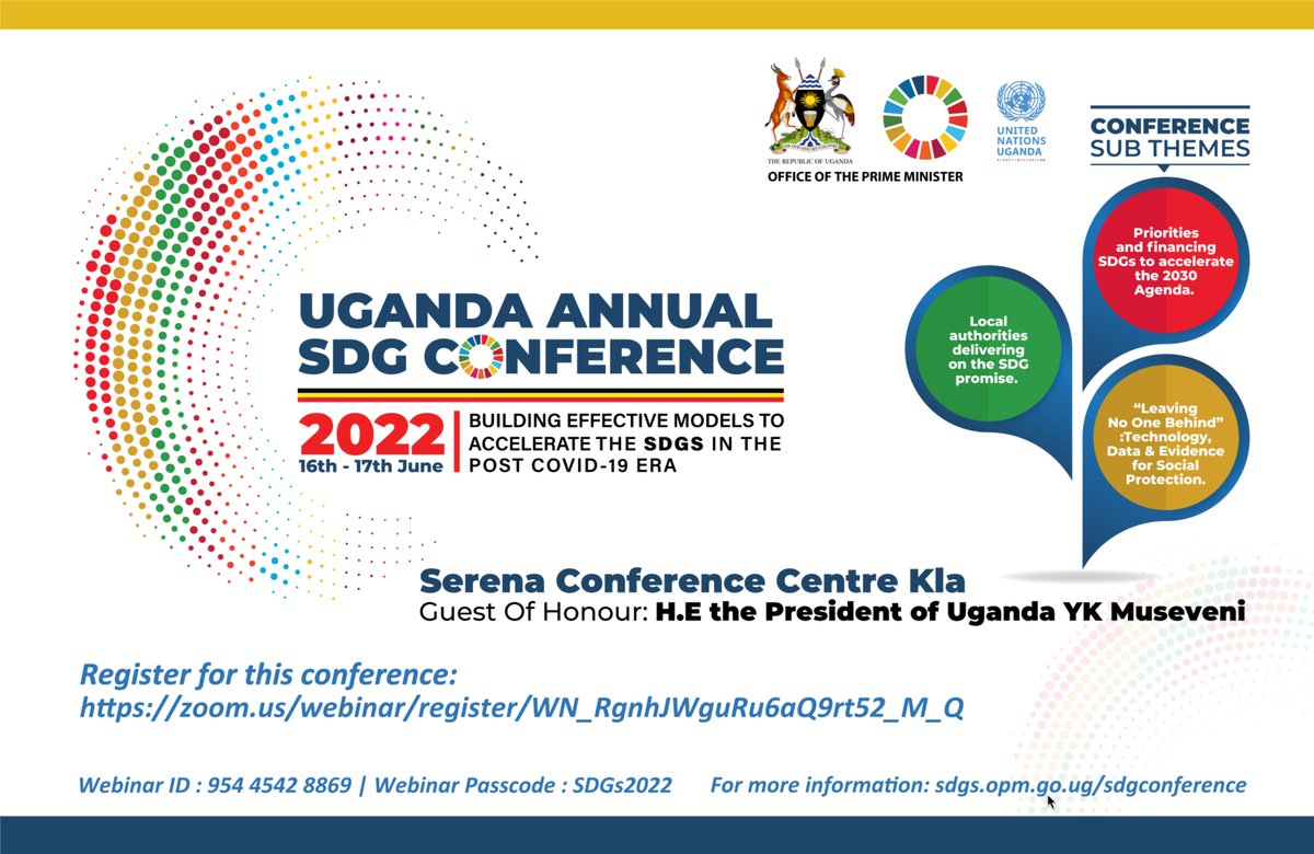 ByarugabaPascal's tweet photo. Uganda's first Annual SDG Conference is here. June 16-17, 2022. Please join us to make this a historical milestine in the journey of SDGs. Thanks to our partners in this UNDP,UN Women, Unicef, World Vision, UNCDF, UN RCO Uganda, Plan International https://t.co/AObe1j6O5N