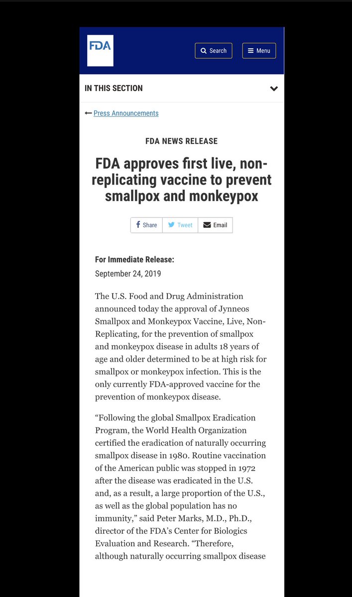 FDAdisrespecter's tweet photo. Jynneos, the first approved vaccine for smallpox/monkey pox was given “priority review” in 2019 even though the disease was “eradicated in the US.” 

My theory is that in order to keep the biologics industry profitable, FDA/CDC needs to have pandemics constantly in the pipeline. https://t.co/ER9OlVWqHs