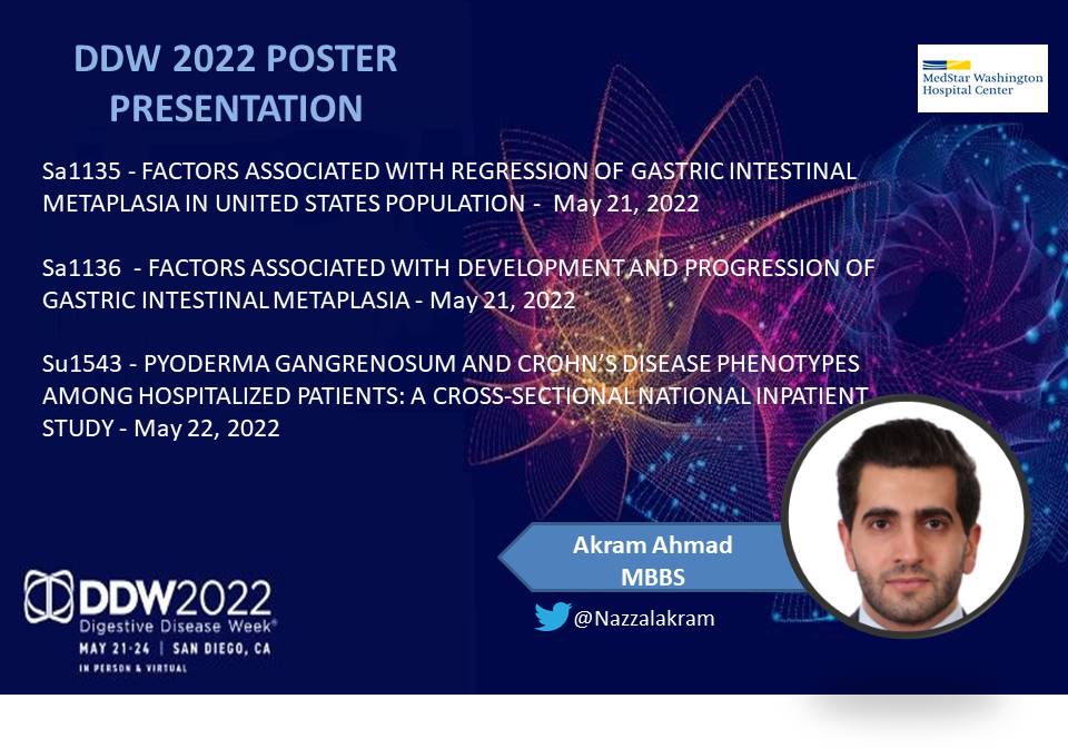 ahmad1_akram's tweet photo. Hey👋
Heading to #DDW2022 
Looking forward to hear the latest in #GIresearch and talk about my 3 posters @DDWmeeting 
#GastricCancer
#IBD 
@MedStarWHC https://t.co/Z92YZcoB3A