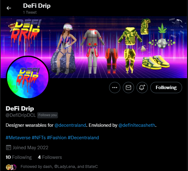 🚨We got a leak! Can you spot the newest #DefiDrip Wearable hidden in the new banner image? 

✅Comment what you think the newest wearable will be called on the <a href="/decentraland/">Decentraland</a> marketplace 
✅Follow <a href="/DefiDripDCL/">DeFi Drip</a> 
✅Like + Retweet 

🏆5X Winners = 🏆5X Epic Wearable 
⏲️48 Hours GL🍀