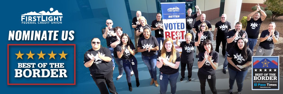FirstLightFCU's tweet photo. Thank you for voting us Best Credit Union of the Border in 2021! We know we're not perfect -- but together we can grow and be the best credit union again in 2022.
We humbly ask for your nomination again:
https://t.co/LS3uPbsDiY
#ElPaso #BestoftheBorder https://t.co/QeZYAAiWL6