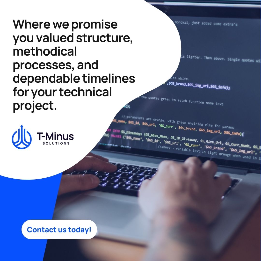 Launch your project with us! At T-Minus Solutions, we provide full-stack development and tech strategy for your business.

Ready to learn more? Contact us today at 832-910-7235 to learn more.

#TMinusSolutions #technologysystems #technologyaudit #technologysolutions