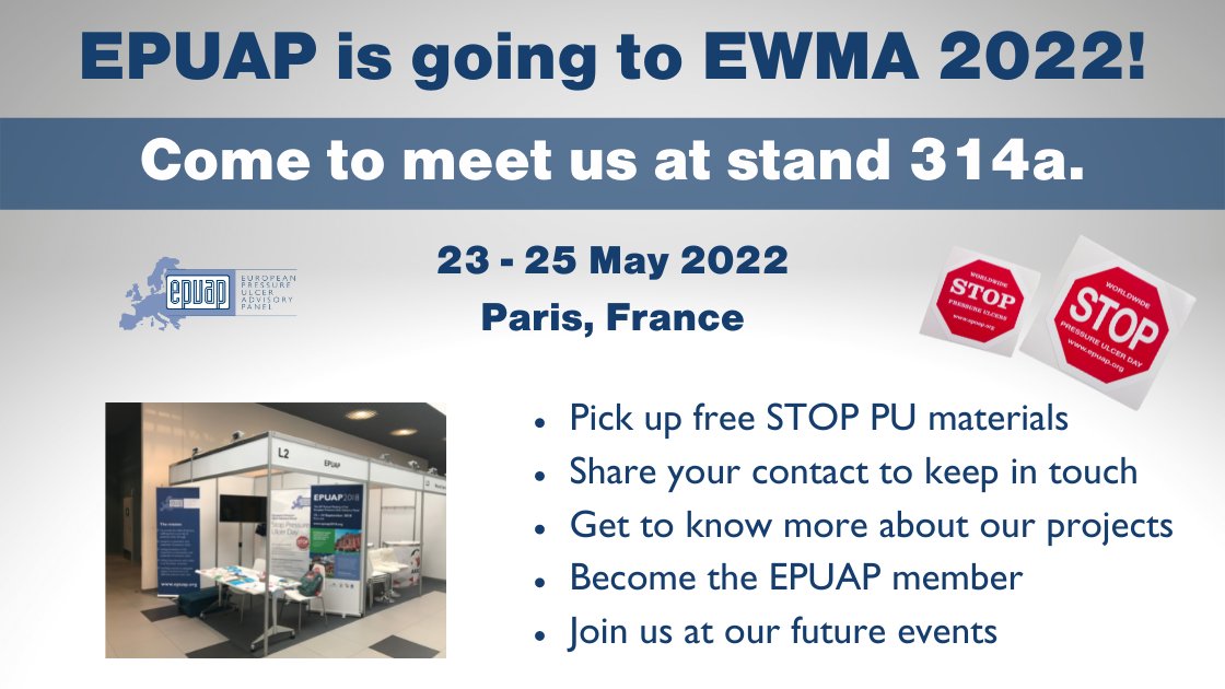 EPUAP1's tweet photo. #EPUAP is going to @EWMAwound 2022 conference in Paris! Are you going to be there❓ Come and visit us at stand #314a, pick up some free 🛑STOP PU materials and more.
We look forward to discussing our future projects with you❕
#EWMA2022 https://t.co/9PrCzAkXAS