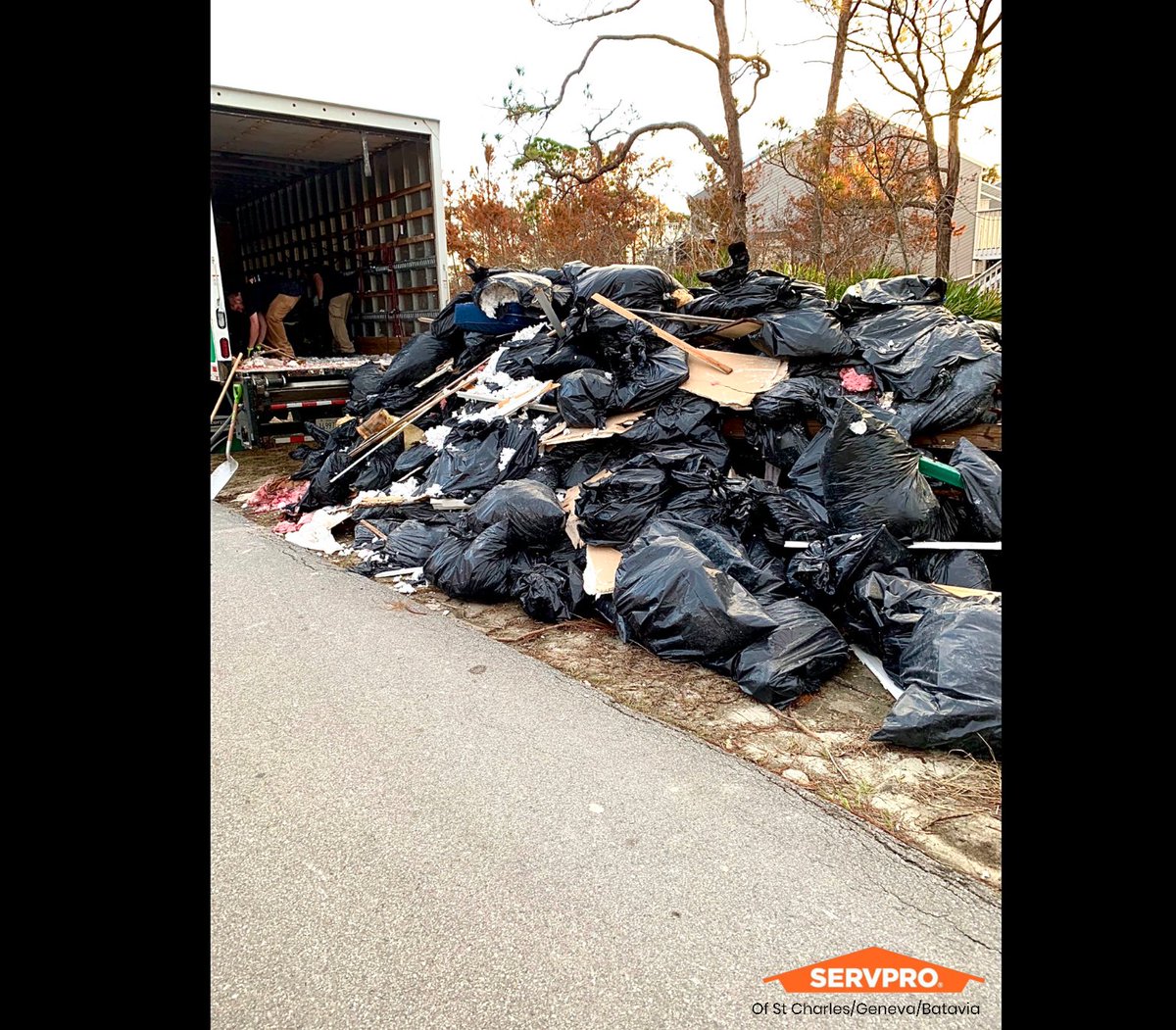 No this isn’t spring cleaning, this is just a fraction of the garbage and debris our crew cleaned up after a water disaster took place. Our crews are trained to mitigate and replace damaged areas in your home or business after disaster strikes. For the best call Servpro today!