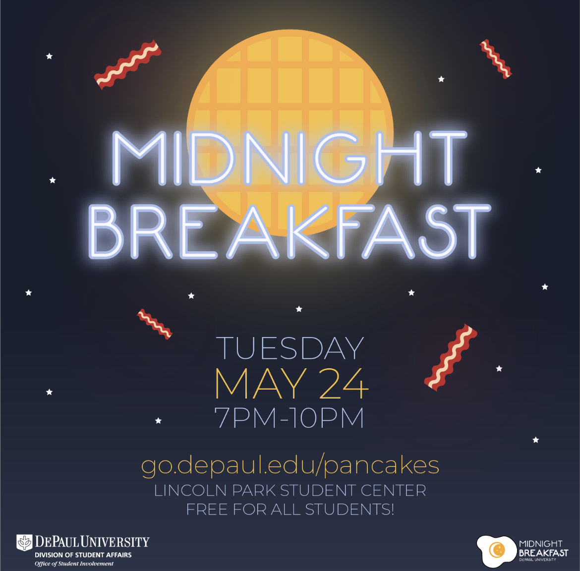 Midnight Breakfast is FINALLY back and we are bringing laser tag for one of the many activities throughout! 

🌙🧇🌙🧇🌙🧇🌙🧇🌙🧇🌙🧇

#depaulactivitiesboard #dabspringevents #depaulmidnightbreakfast #depauluniversity #depaul #campuslife #campusactivities