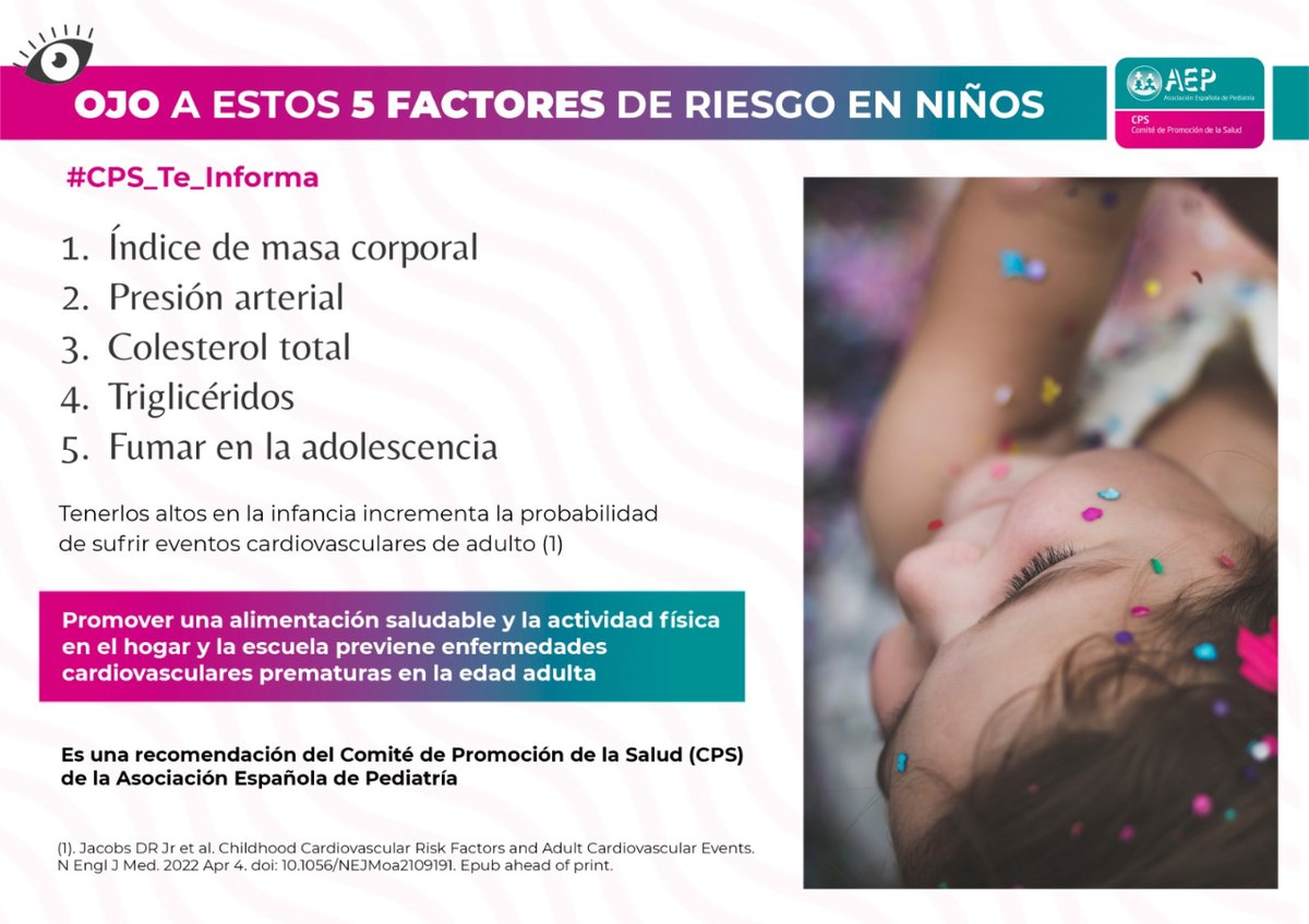 TIPS de factores de riesgo a controlar en nuestros niños! 👁️, que se asocian a mayor riesgo de enfermedad cardiovascular en el adulto. #CPS_Te_Informa aeped.es/comite-promoci…