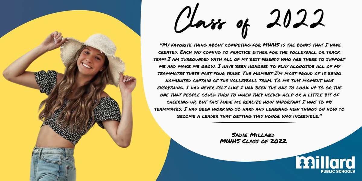 MillardPS's tweet image. Sadie Millard is a great multi-sport athlete who competed in track and field and volleyball for MWHS. Sadie’s success in track landed her the opportunity to compete for Wichita State University on the track team while majoring in Biology. #MPS22Grad