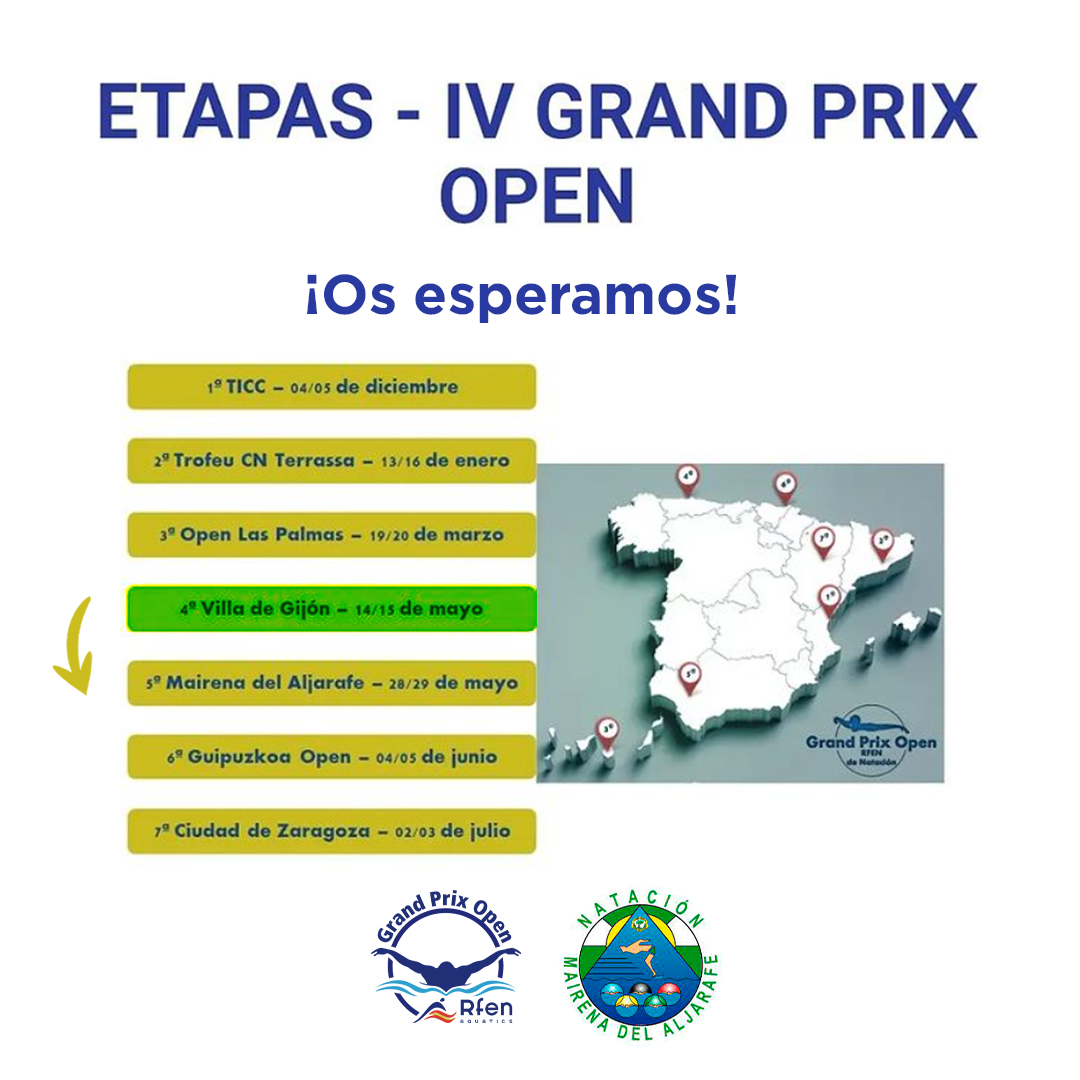 Este mes es muy especial, ya que nada más finalizada la 4ª etapa, nos complace poder decir que la 5ª etapa está a la vuelta de la esquina. 
Los días 28 y 29 de mayo podemos disfrutar del Grand Prix Open RFEN de natación en Mairena del Aljarafe. 

¡Os esperamos!