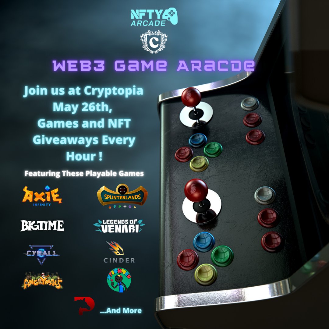 OpenColosseum's tweet photo. Join #NFTyArcade at #cryptopia next week May 26th!
We are showcasing some of the best games #web3gaming has to offer.
https://t.co/mngwDPTtXQ
Use promo code: NFTy22 for $25 OFF any tickets purchased!✨✨
#crypto #web3 #PlayAndEarn https://t.co/8Ve5QAqY1n