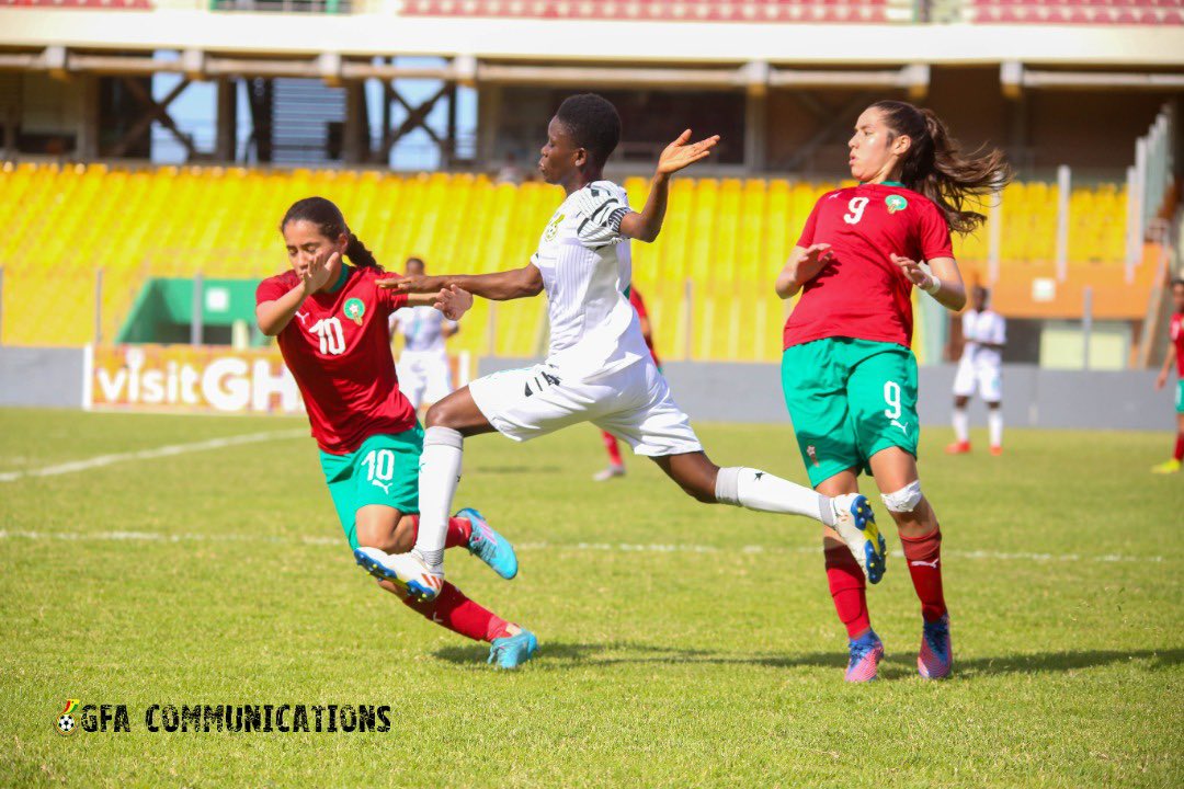 AsafoObed's tweet photo. The Black Maidens have won the first leg of the FIFA U-17 Women's World Cup qualifiers against Morocco at the Accra Sports Stadium 🏟️. 

Ghana 🇬🇭 2-0 Morocco 🇲🇦 
Stella Nyamekye ⚽
Nancy Amoh⚽

#RoadToIndia
#OASportsUpdate https://t.co/9N3UxKyPTv