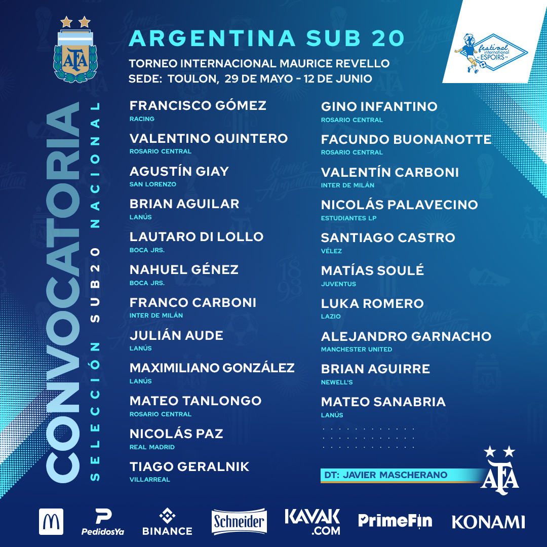 #Sub20 El equipo técnico a cargo de Javier <a href="/Mascherano/">Javier Mascherano</a> da a conocer la lista oficial de convocados para la disputa del Torneo Internacional Maurice Revello (<a href="/TournoiMRevello/">Tournoi Maurice Revello</a>) 🏆

📝 Toda la información del certamen internacional francés: bit.ly/3NtaBj2

#VamosArgentina