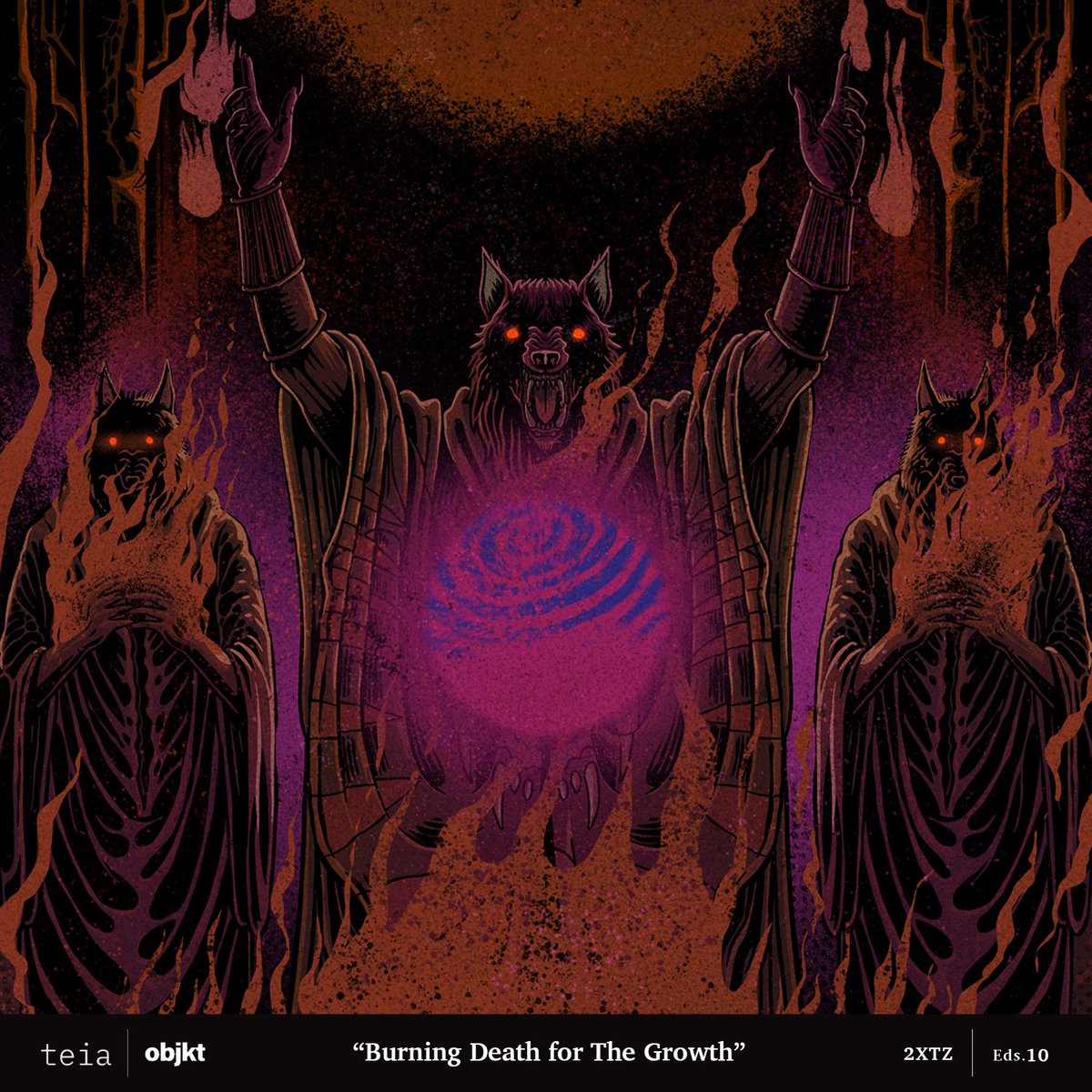 #FreshDrop! ✨🐺
'Burning Death for The Growth'
About the beauty of conquering limitations in situations to re-find a growth. 

🐺: 10/10
💀: 2 Tez
Grab here: teia.art/objkt/736504 🫀⚡️

<a href="/BotTezos/">TezosBot</a> <a href="/TeiaCommunity/">Teia Community</a> 
#Xtz #tez #NFTCollection #objkt #tezoscommunity #swrks #newdrop