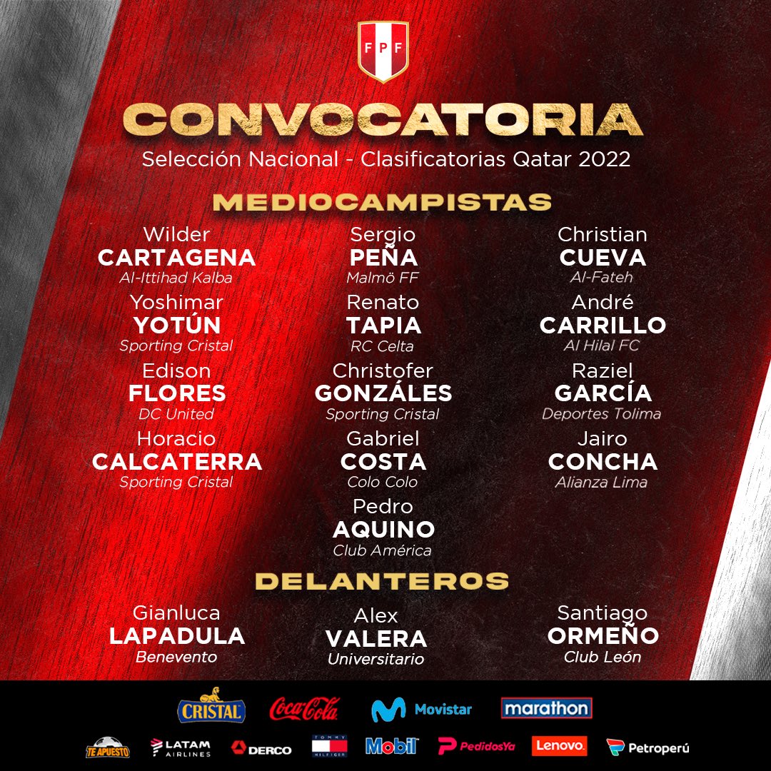 SeleccionPeru's tweet photo. ¡Todos juntos por un solo objetivo! ❤️

Presentamos a los futbolistas convocados por Ricardo Gareca para disputar el repechaje intercontinental por un cupo al Mundial Qatar 2022 con nuestra @SeleccionPeru 🇵🇪. 

#UnidosSomosMásFuertes
#ArribaPerú 💪🏻 https://t.co/zkq09btey1