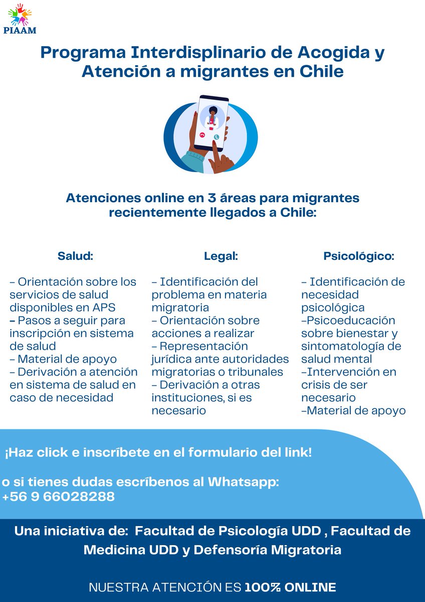 programa_piaam's tweet photo. Ven a conocer PIAAM! Programa de Fac. Medicina y Fac. Psicología UDD y Defensoría Migratoria. Entregamos atención gratis y online a migrantes llegados desde el 2019 a Chile. Tenemos pack de 4 atenciones: salud, psicología y asesoría legal. Inscripciones al link o a +56 9 66028288 https://t.co/d4EVBbMieq