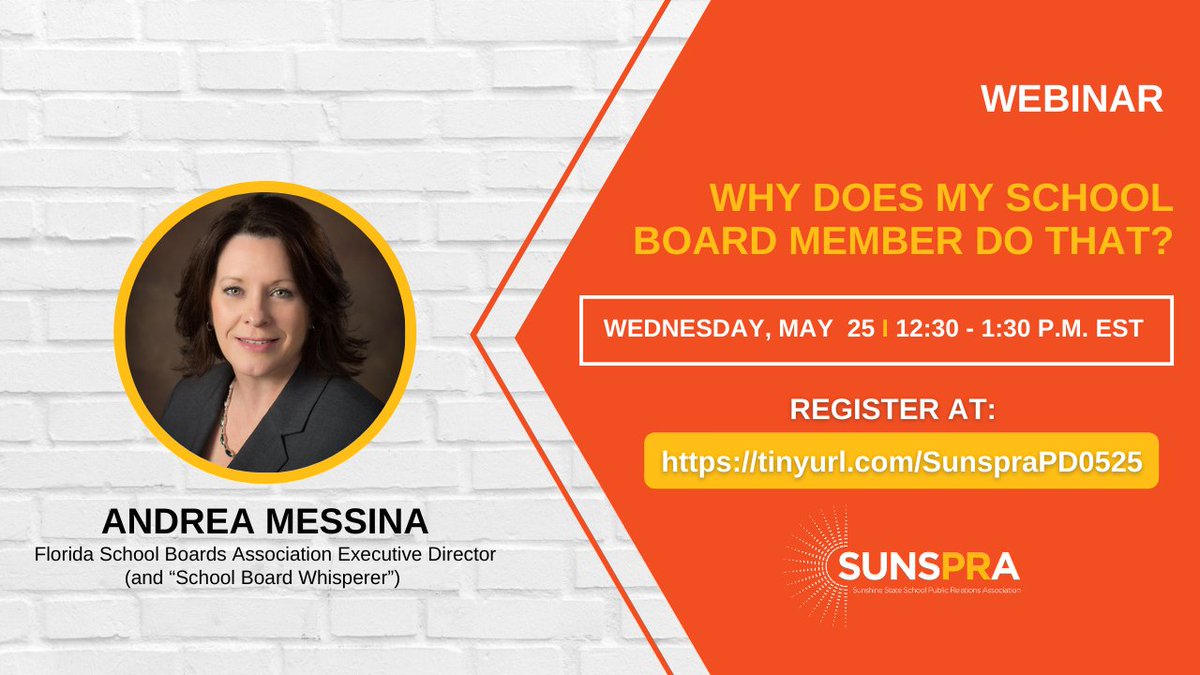 Join us next week on May 25 for "Why Does My School Board Member Do That?" Andrea Messina will share insight gained while serving on her school board for 12 years and working with school board members across the state for almost 20 years. Register at: tinyurl.com/SunspraPD0525