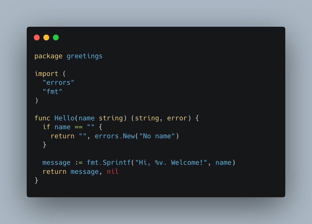 vkolgi's tweet image. We are not really throwing an error here, but returning the error object.
Nice to know Go function can return multiple values. Nil, Null, None. Every language calls it differently, pick your poison. #learngo