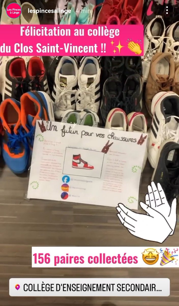 CSV_Clos's tweet photo. Immense fierté de constater l'implication de nos élèves, leurs familles, et les personnels : 156 paires de baskets récoltées ! 
🤩 MERCI À TOUTES ET TOUS 🤩
Une expérience riche d'enseignements et de valeurs ➡️ #parcourcitoyen
#solidaire #ecoresponsable
@AcCreteil @DanielAuverlot https://t.co/6fIvNVCOso
