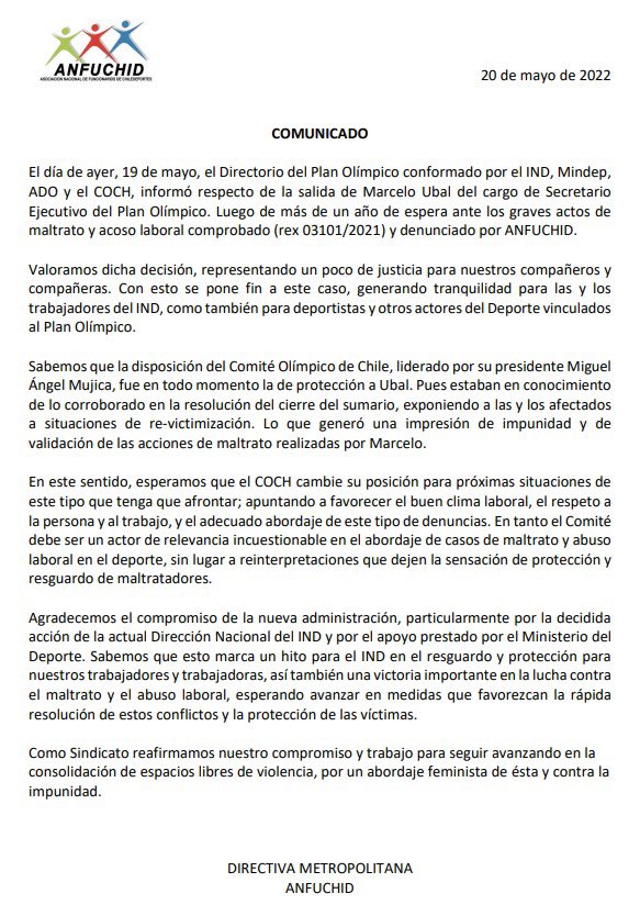 Sale Marcelo ubal del plan olímpico, después de más de un año de acción sindical, logramos que no hubiera impunidad frente al maltrato y acoso laboral. 
<a href="/INDChileOficial/">IND Chile 🇨🇱</a> <a href="/MindepChile/">Ministerio del Deporte</a> <a href="/COCH_cl/">Comité Olímpico de Chile</a> <a href="/AndresGiordanoS/">Andrés Giordano Diputado D9</a> <a href="/diego_ibanezc/">Diego Ibáñez</a> <a href="/DeportesLaRed/">La Red Deportes</a> <a href="/AnfuchidN/">Anfuchid Nacional</a>