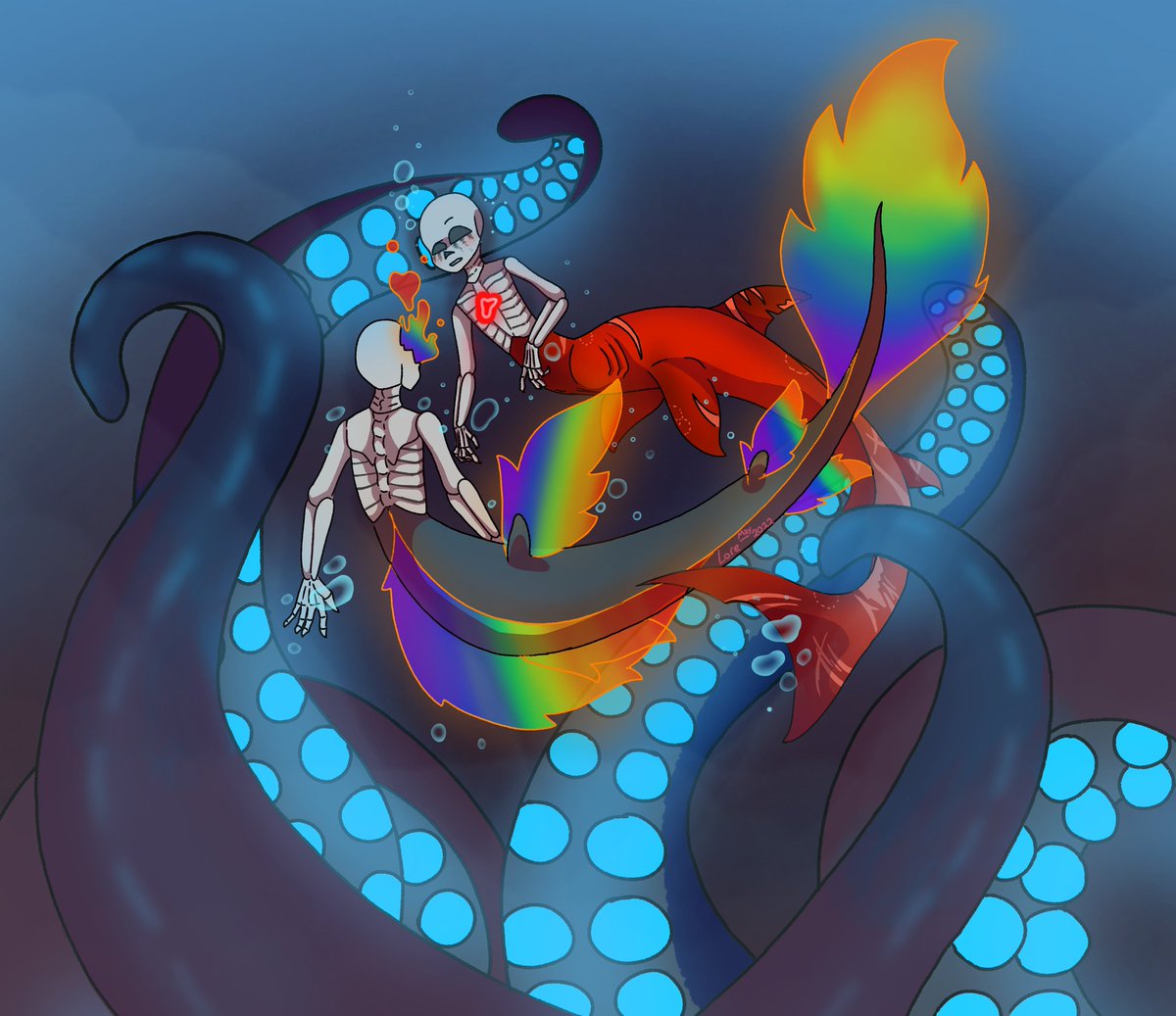Lore61333309's tweet photo. A little kolor action with an over protective noot.
Just another #mermay drawing for @skulevia 
#color #killer #nightmare #nightmaresans #killersans #kight #Killmare #kolor #tentacles #merskeles #rainbow #bl #LGBT #gay #gaybois #your_honor_theyre_gay https://t.co/7dXezEne3l