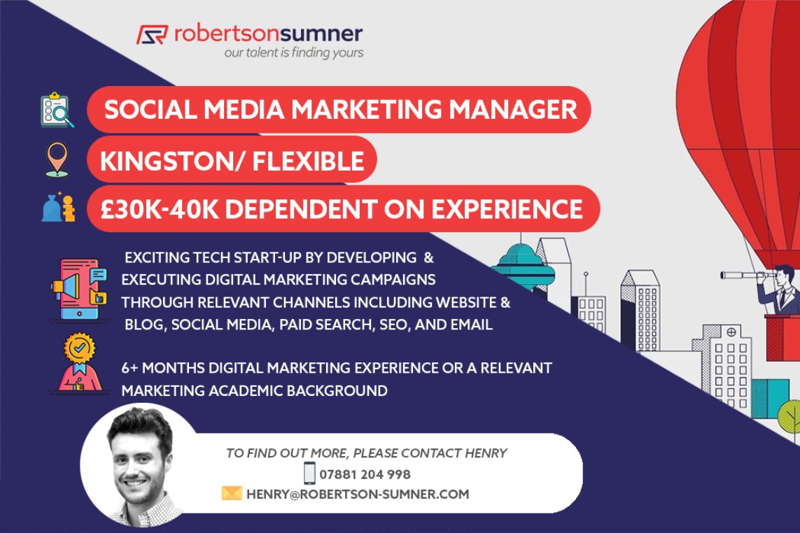 Our client is seeking a Social Media Marketing Manager 📍In Kingston/ flexible &amp; offering a salary of £30k-40k dependent on experience 💰

If you have 6+ months digital marketing experience  then get in contact with Henry Jarman to find out more 👋