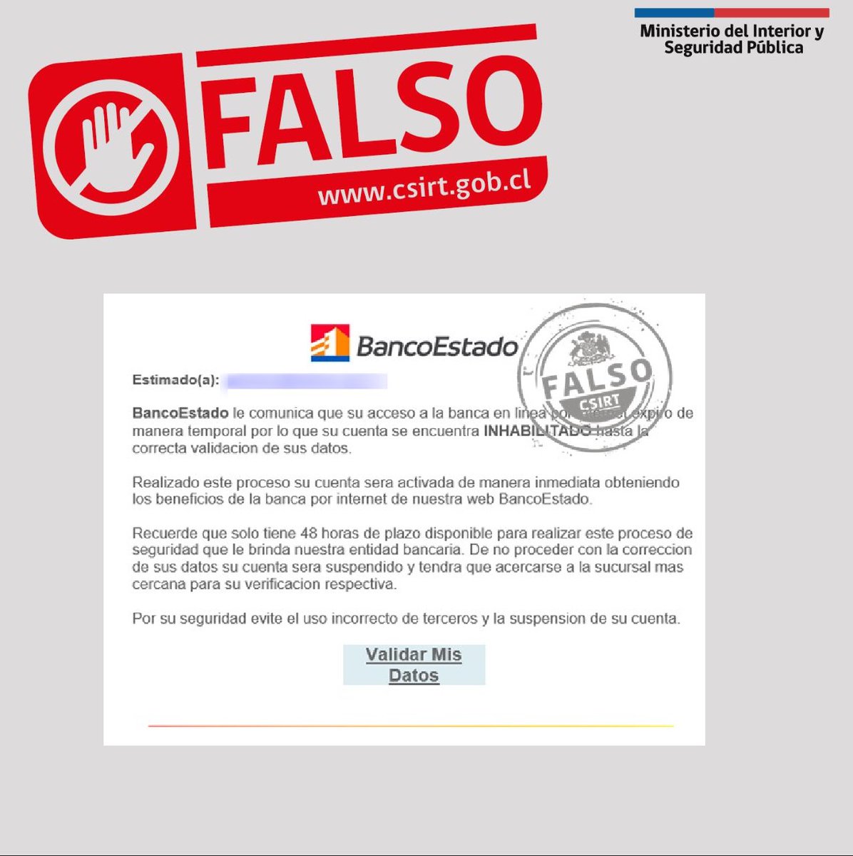 #CSIRTGob alerta #phishing que suplanta al <a href="/BancoEstado/">BancoEstado</a>. Más información aquí: csirt.gob.cl/alertas/8fph22…
Para más alertas y vulnerabilidades csirt.gob.cl
#ciberseguridad