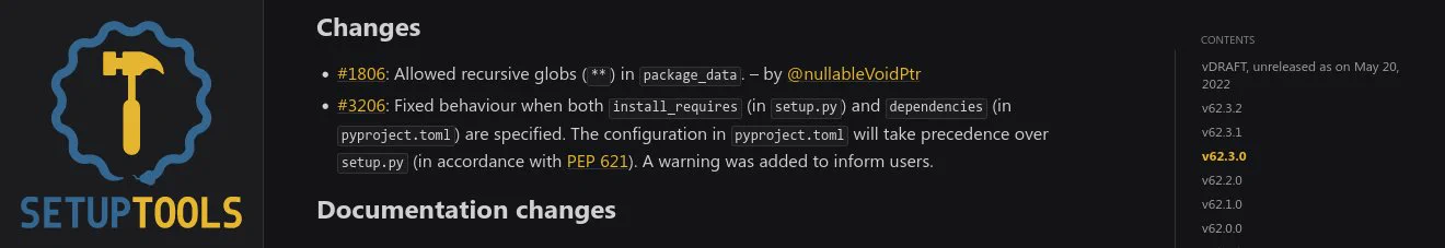 A changelog for Setuptools v62.3.0 with a change signed by @nullableVoidPtr